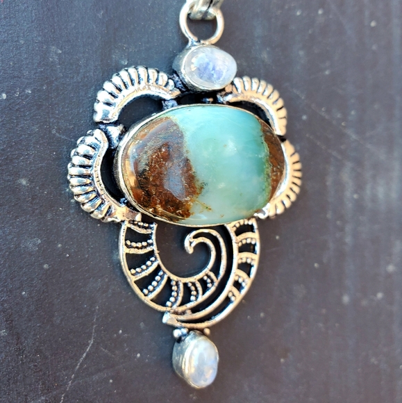 New Chrysoprase & Rainbow Moonstone 925 Silver Pendant - Picture 11 of 16